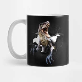 Funny Raptor Dinosaur Poking Head, Cracked Wall Mug